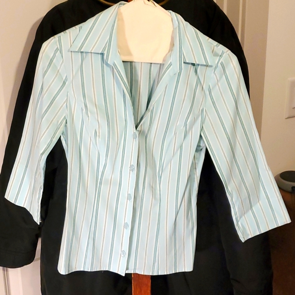 Baby blue and white and black pent stripes business casual blouse